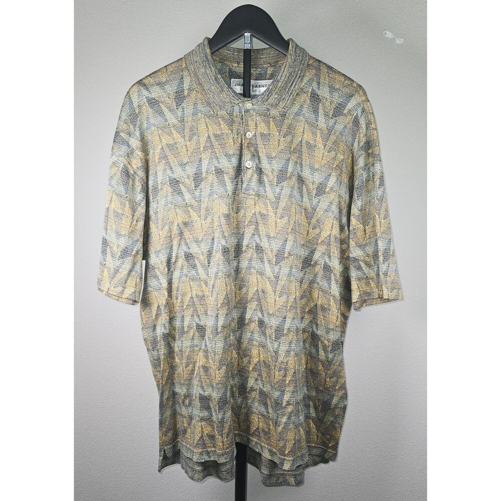 JHANE BARNES Mens L Blue Abstract Knit Polo Shirt 100% Cotton Vintage USA